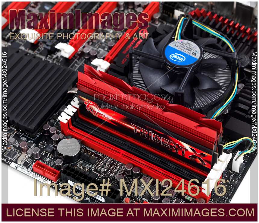 Closeup of computer motherboard with memory and CPU