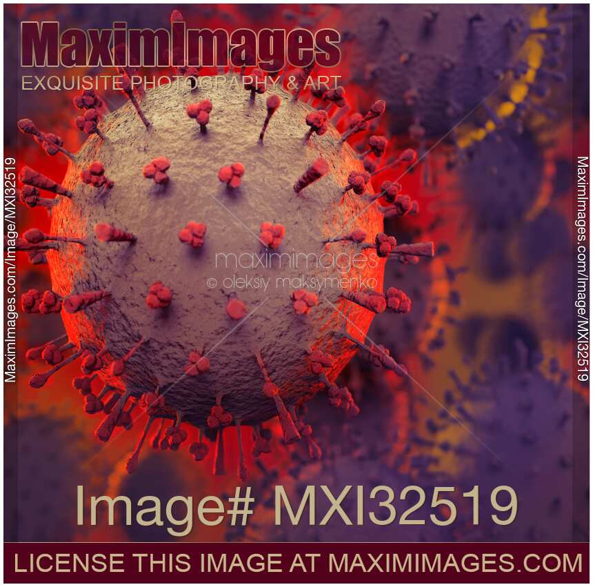 Closeup of Flu virus H1N1 H5N1 or Coronavirus virus particle viral infection epidemic artistic medical illustration