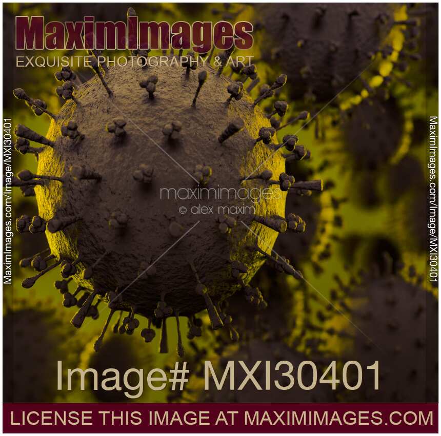 Closeup of Flu virus particle Influenza A viral infection epidemic medical illustration