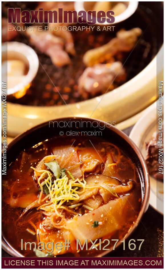 Closeup of food in a Japanese grill restaurant