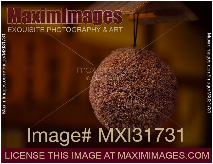 Closeup of Sugidama cedar ball hanging at a sake brewery in Japan