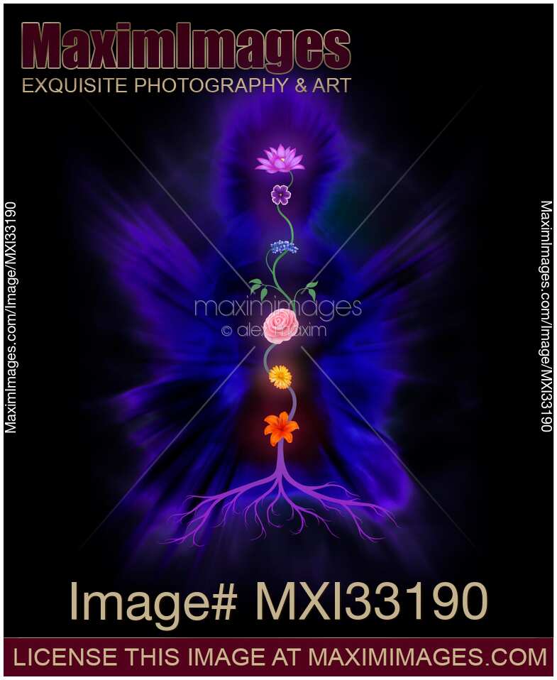 Colored Chakras represented as flowers placed over human body Qi energy gates and a luminous purple aura on black