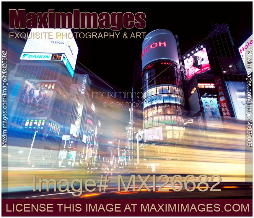 Colorful light trails at night in Ginza Tokyo