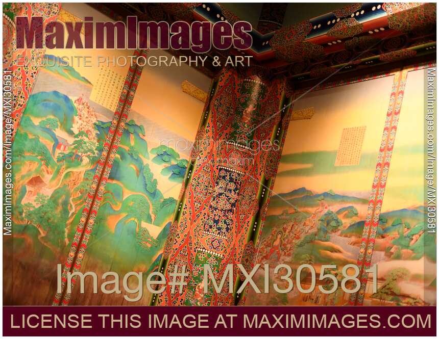 Colorful ornaments of painted walls of a Japanese Buddhist temple