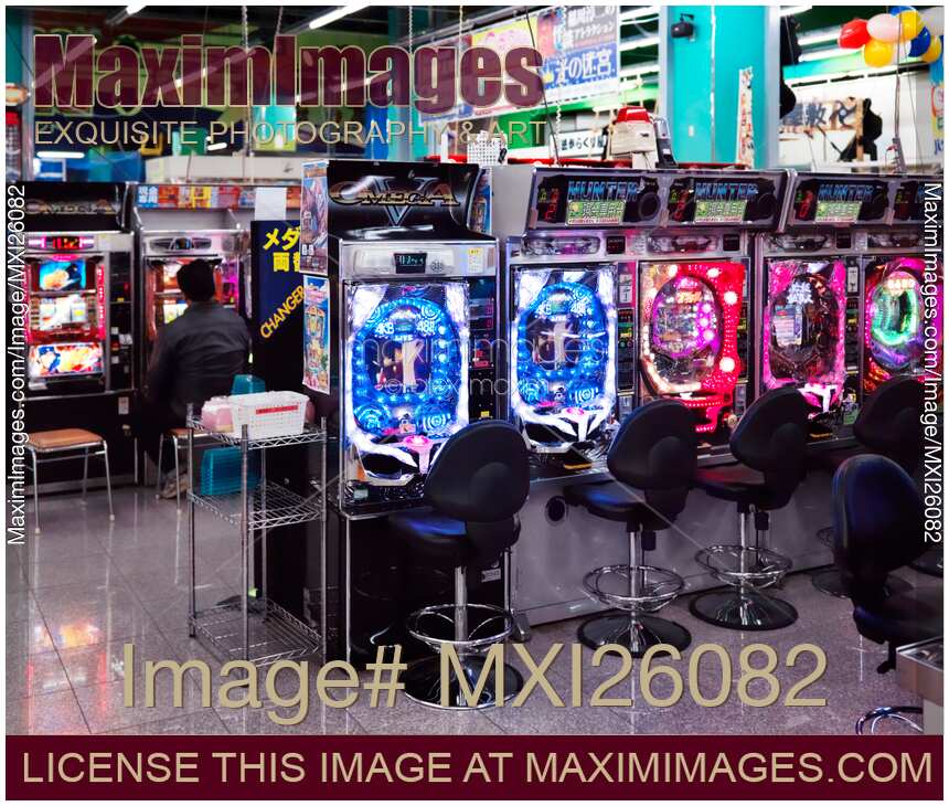 Colorful slot machines at arcade in Japan