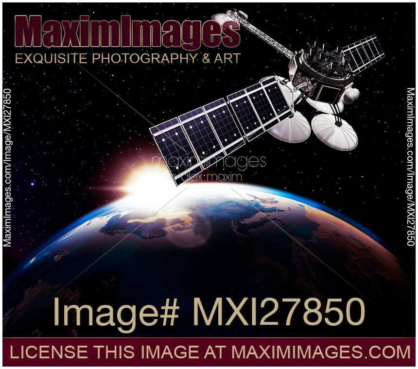 Communication satellite in space above Earth. Starlink internet concept.