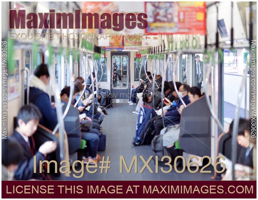 Commuting people inside JR train in Japan