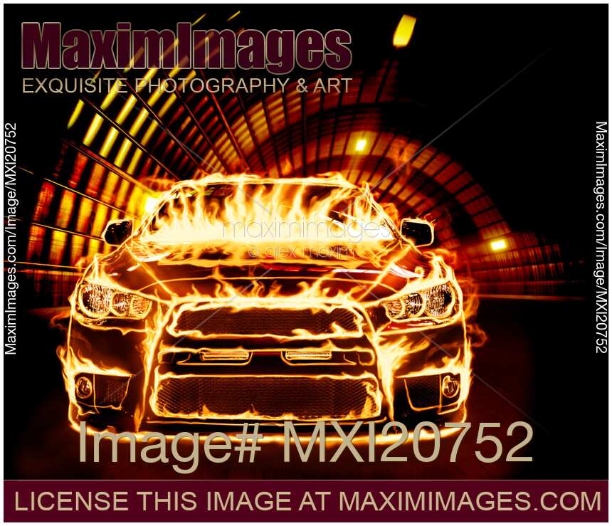 Conceptual photo of a Sports Car Covered in Flames Front view