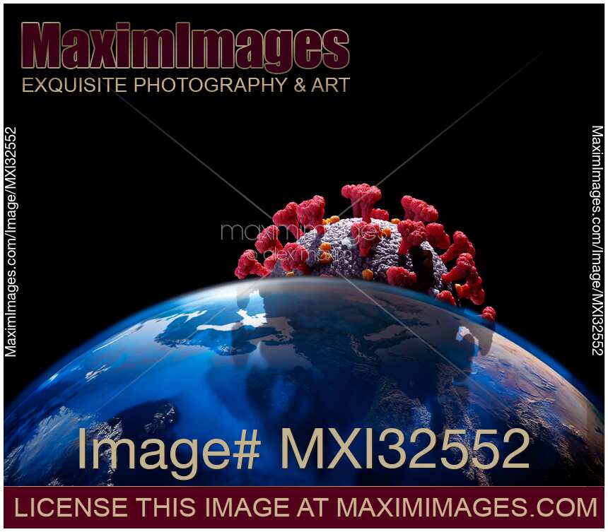 Coronavirus COVID-19 3D illustration of red virus particle casting shadow on the world globe epidemic concept