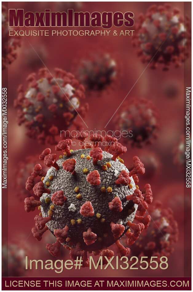 Coronavirus COVID-19 multiple virus particles in red blood stream medical 3D illustration