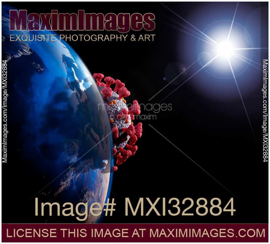 Coronavirus COVID-19 virus global pandemic overshadowing planet Earth from sun concept illustration