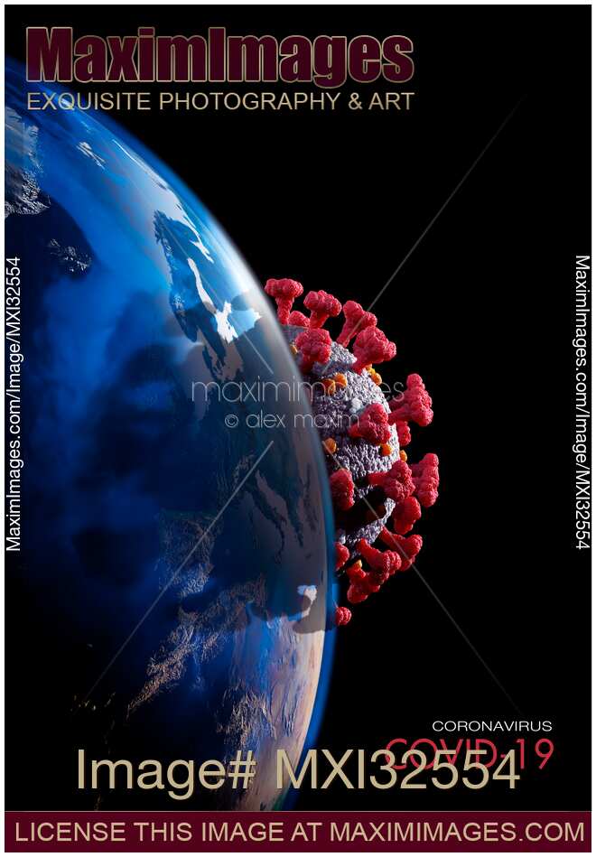 Coronavirus COVID-19 virus particle overshadowing the Earth globe epidemic conceptual illustration