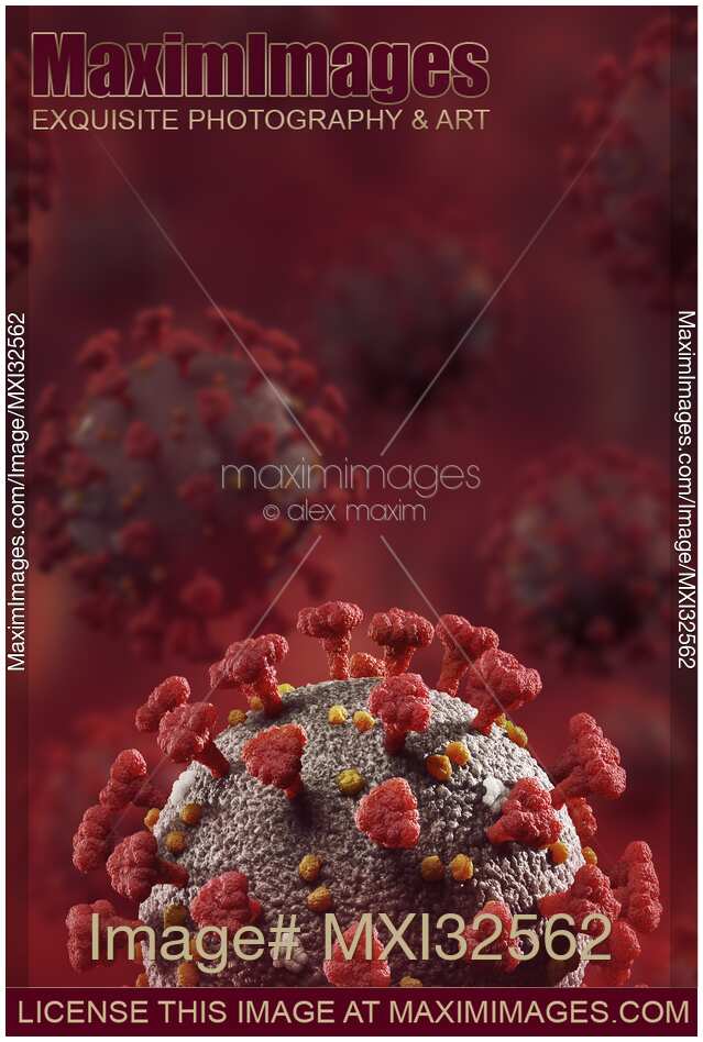 Coronavirus COVID-19 virus particles on dark red background medical 3D illustration