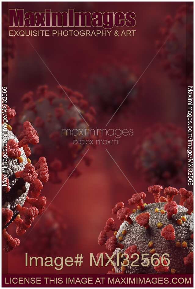 Coronavirus COVID19 virus particles on dark red background conceptual medical illustration