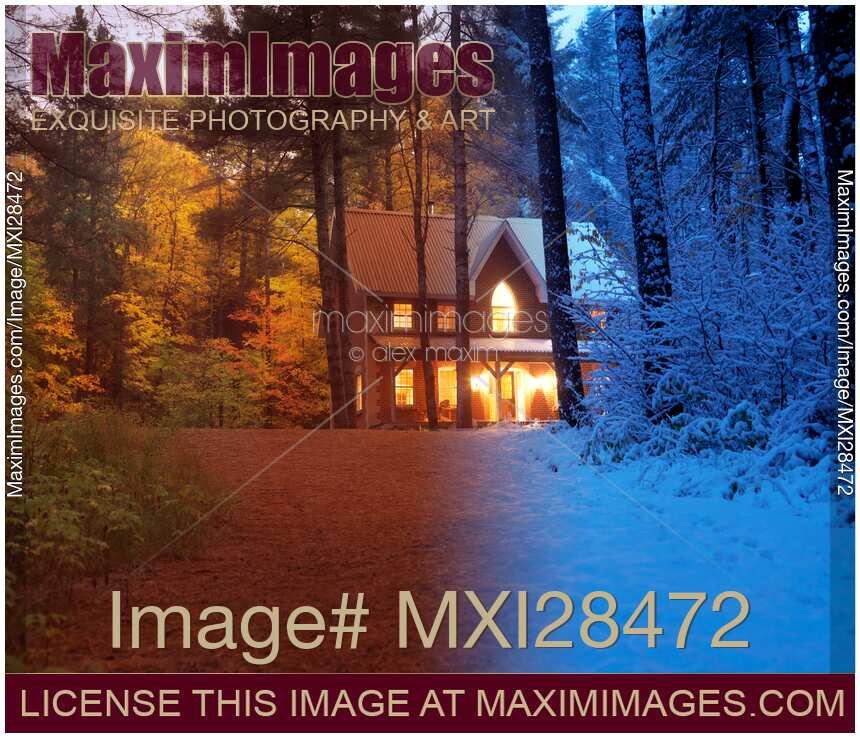 Country house between fall and winter seasons artistic concept