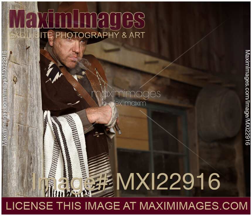 Cowboy Standing on a Porch portrait in Wild west style