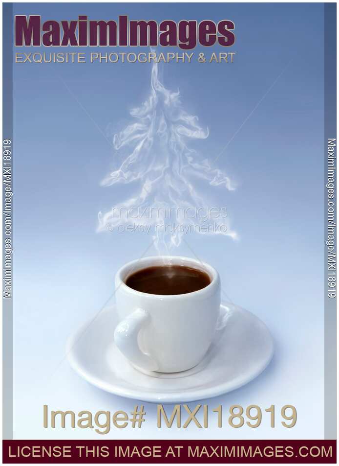 Cup of coffee with Christmas tree steam