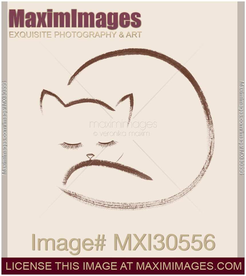 Cute cuddled up sleeping cat artistic Sumi-e painting based design brown on beige
