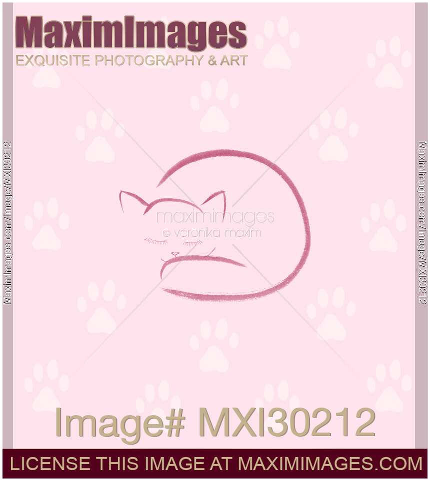 Cute curled up sleeping cat artistic illustration with white paw prints on pink background