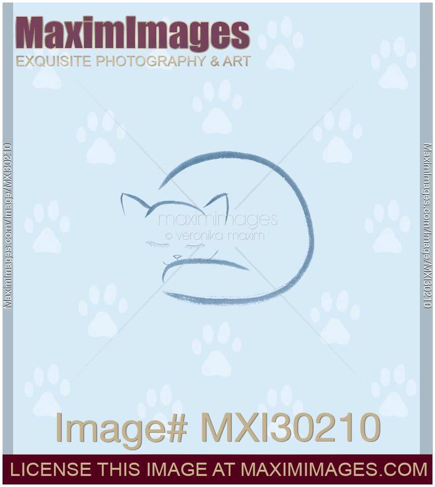 Cute curled up sleeping kitty cat illustration with white paw prints on light blue background