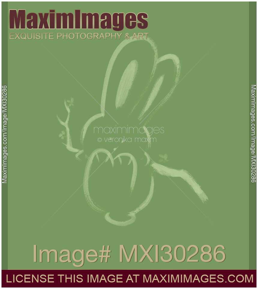 Cute happy bunny rabbit swinging on a branch illustration on green