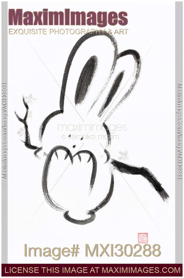 Cute happy bunny swinging on a branch Japanese Zen Sumi-e painting