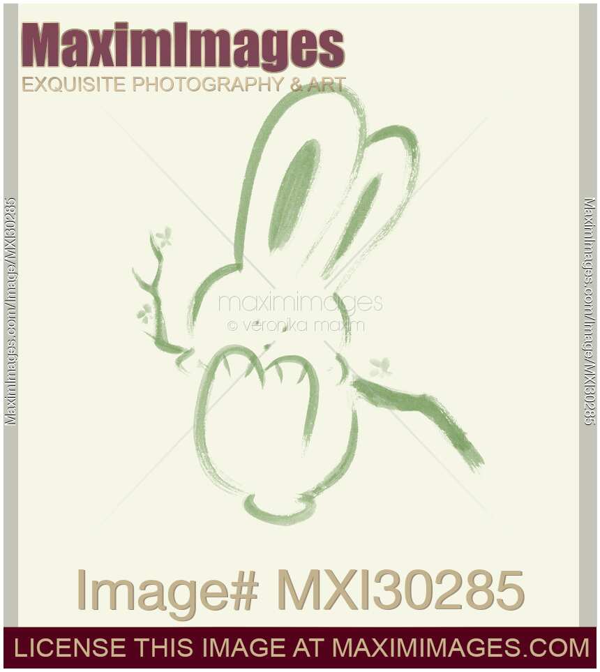 Cute happy green bunny rabbit swinging on a branch illustration on light green