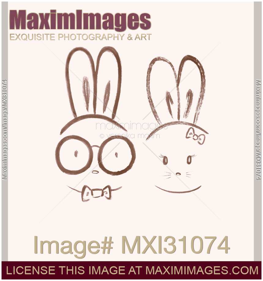 Cute kawaii bunny couple illustration brown on beige
