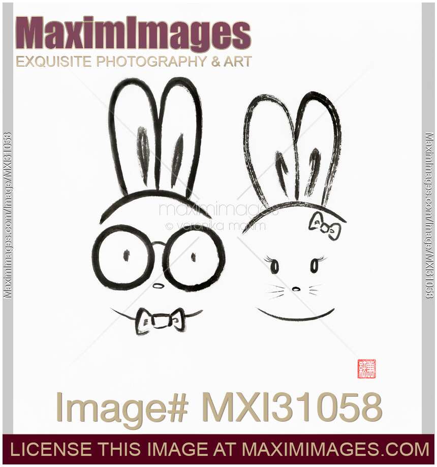 Cute kawaii bunny couple minimalistic ink painting