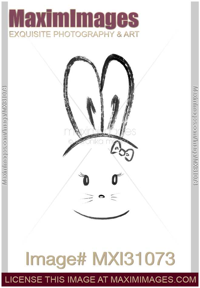 Cute kawaii bunny girl with a bow black and white illustration