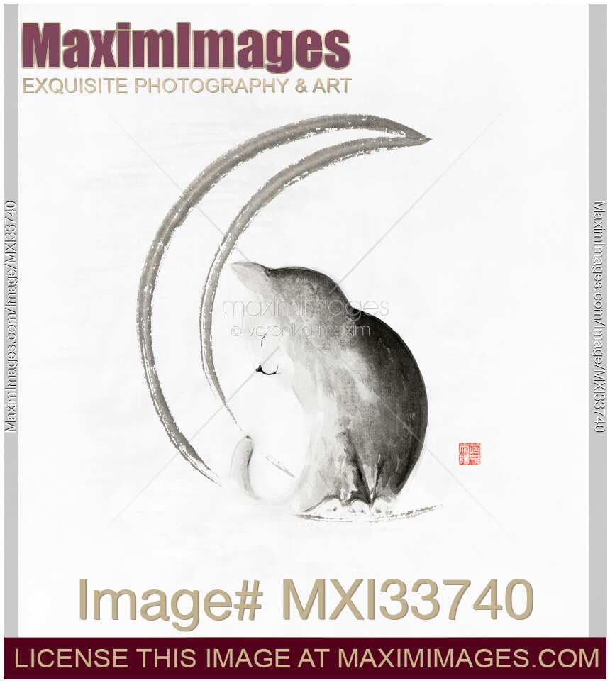 Cute little cat sitting on crescent moon Japanese Zen Sumi-e painting black on white