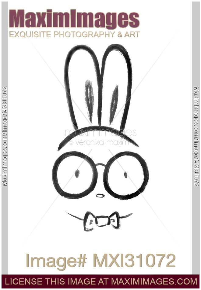 Cute nerdy bunny in large glasses kawaii style black and white illustration