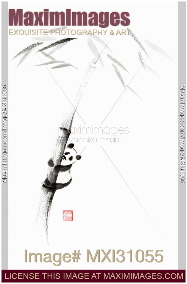 Cute panda climbing a bamboo tree Japanese Zen Sumi-e painting on white rice paper