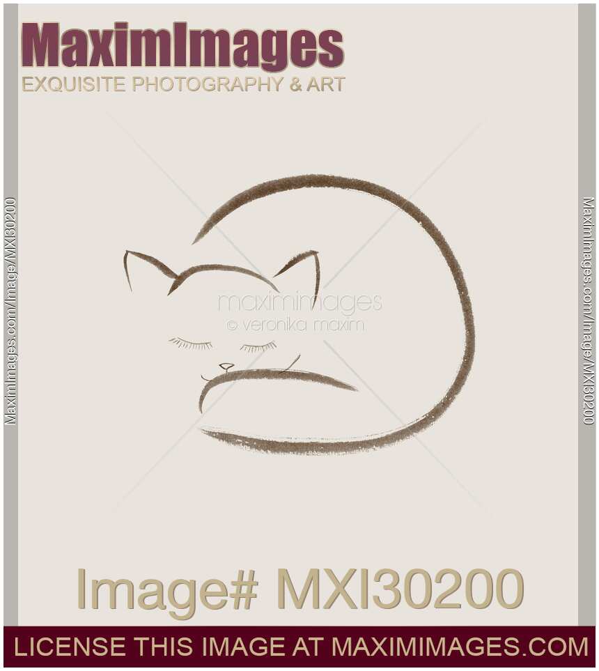 Cute snuggled sleeping cat illustration design on light beige background