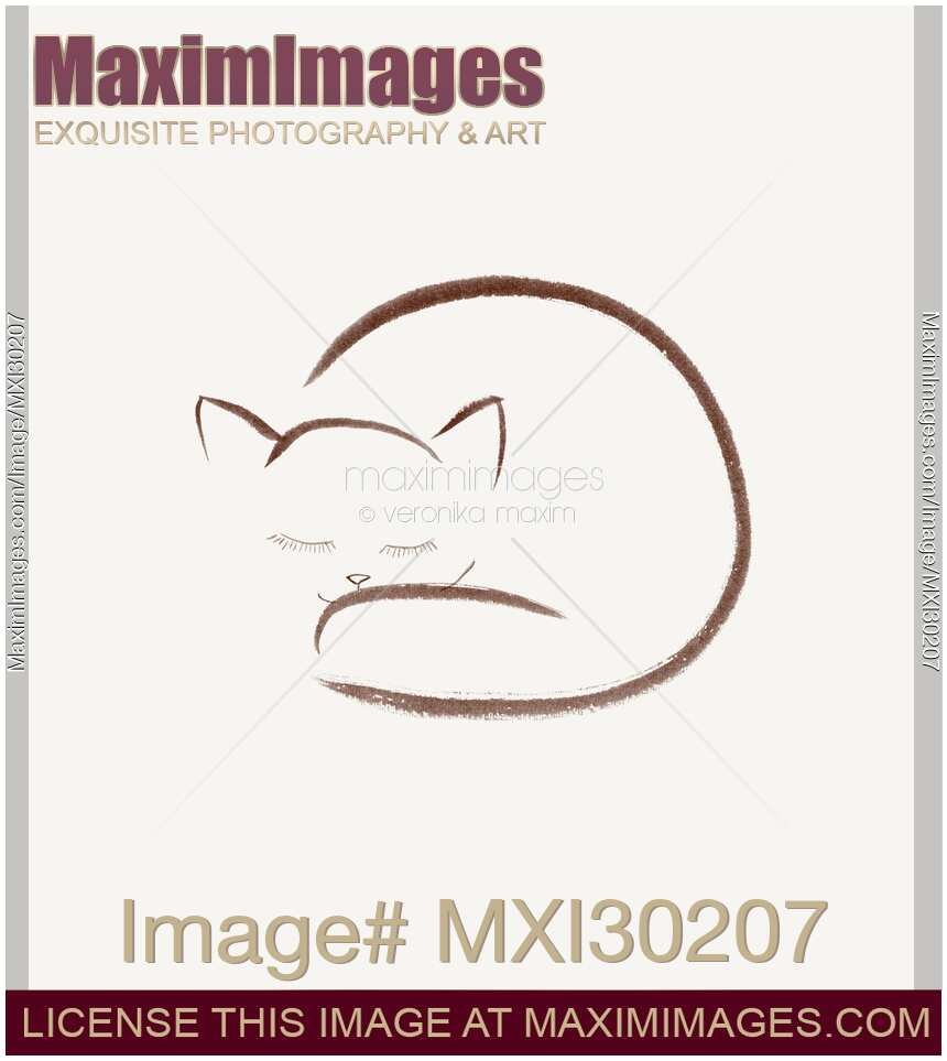 Cute snuggled sleeping cat illustration design on light beige background