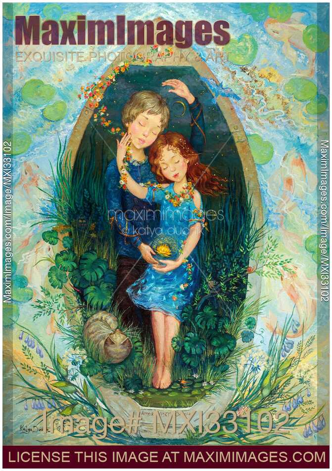 Cute teenage couple romantic artwork. Boy and girl lying in an embrace in a boat with a cat and flowers.