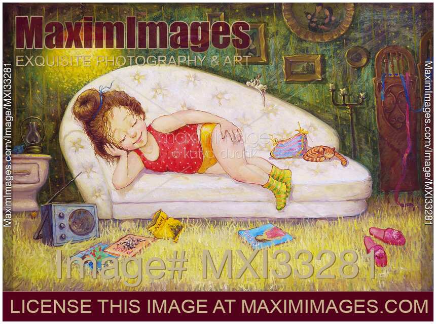 Cute teenage girl lying on a couch in underwear listening to a radio. Fine art painting.