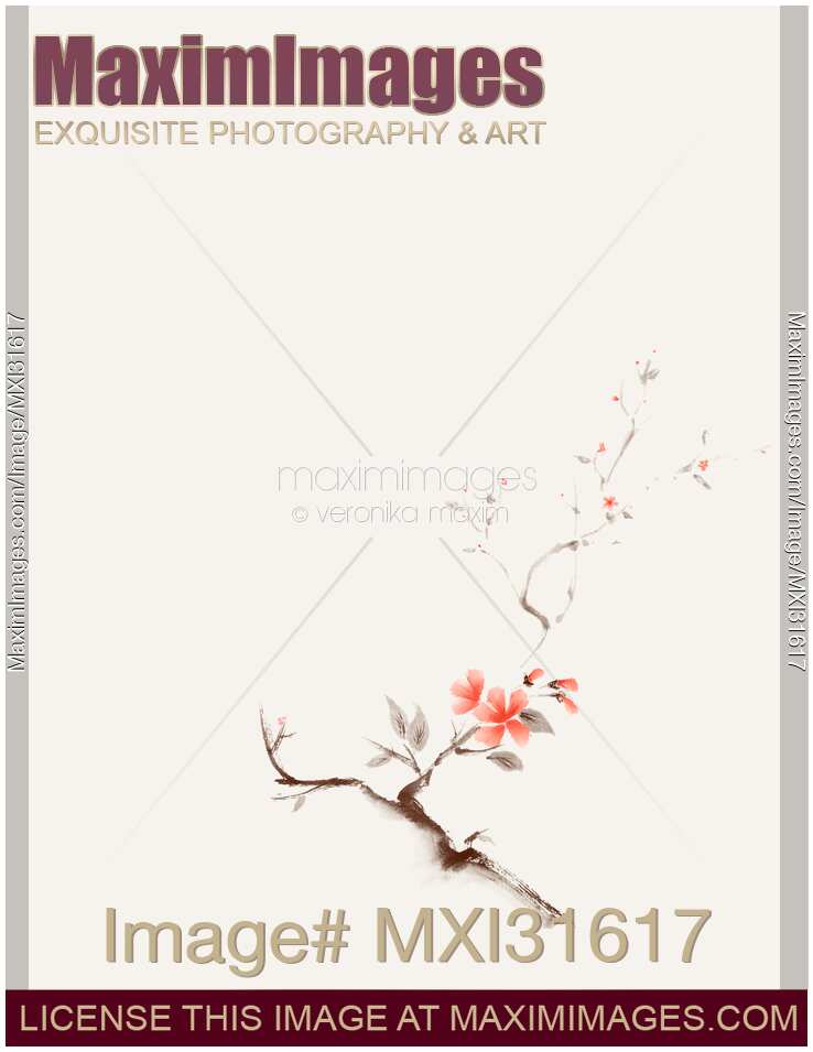 Delicate minimalistic brown sakura branch with coral red flowers on beige sumi-e design