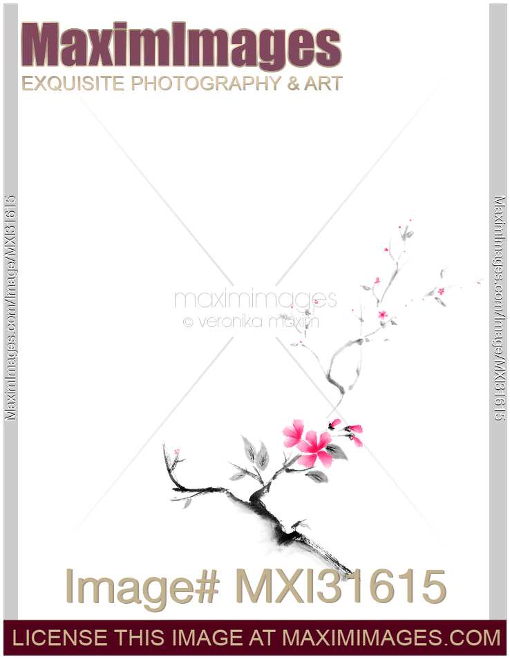 Delicate minimalistic sakura branch with pink flowers sumi-e oriental artwork