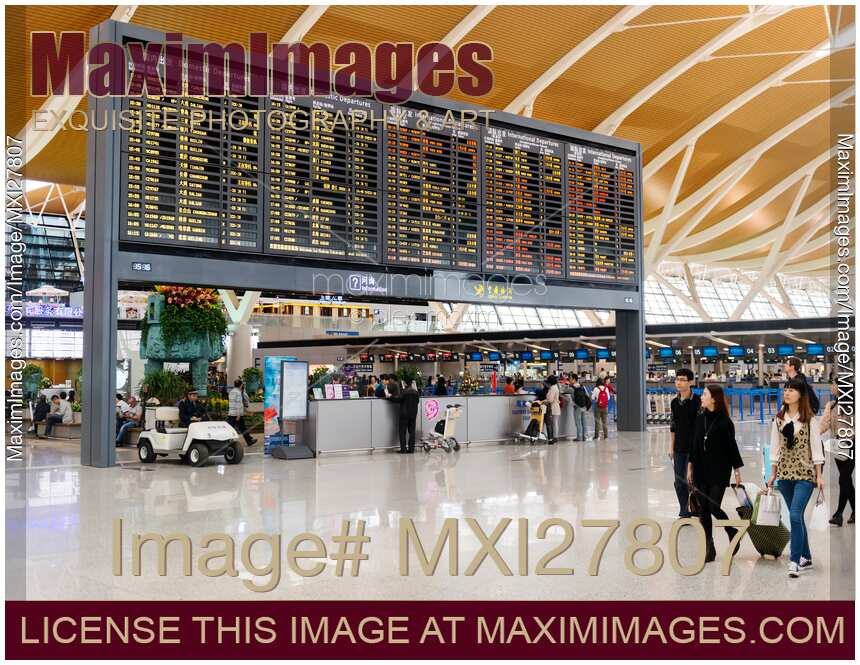 Departure board at Shanghai Airport in China