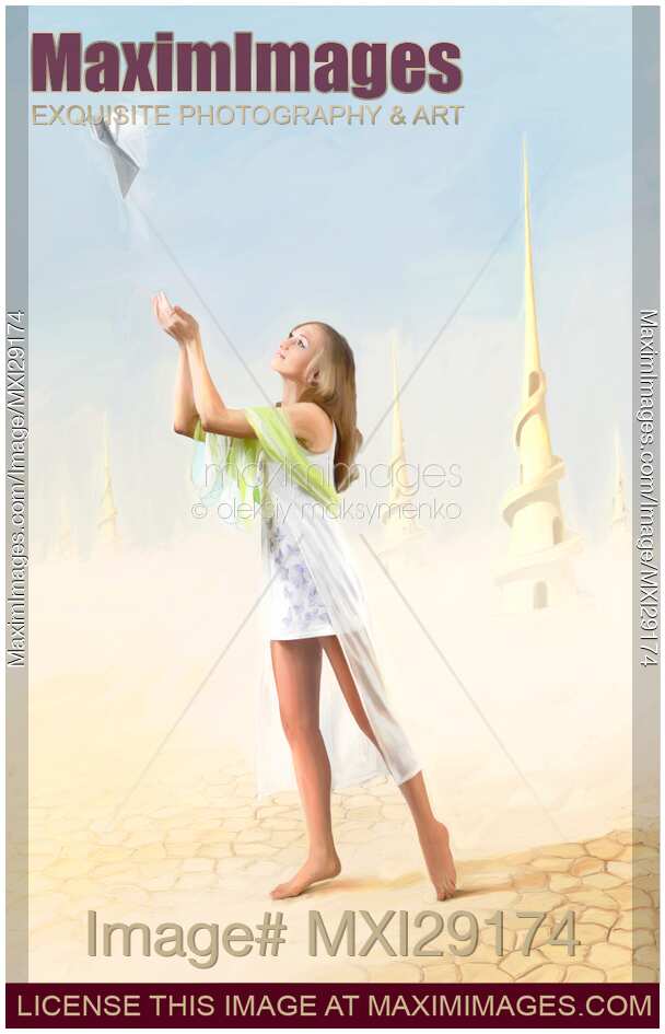 Digital Oil Painted Fantasy Photo-Illustration of a Girl with a Peace Dove