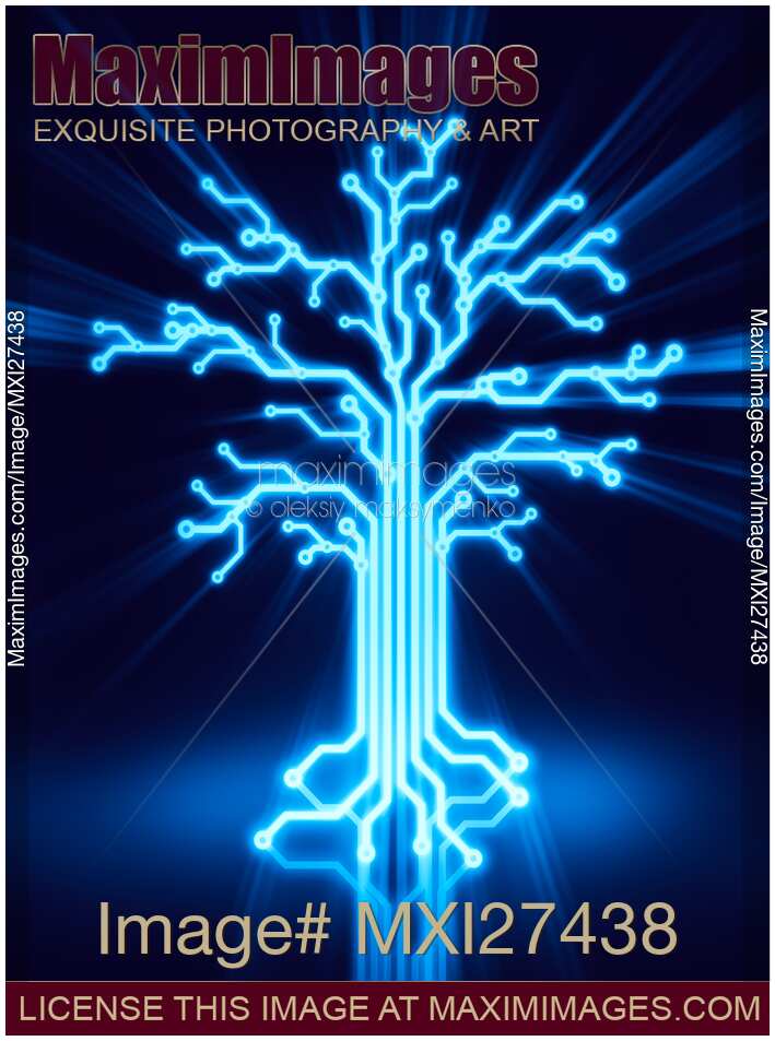 Digital tree made of glowing circuits
