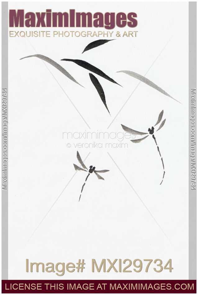 Dragonflies and bamboo leaves Japanese Zen Sumi-e painting on white rice paper