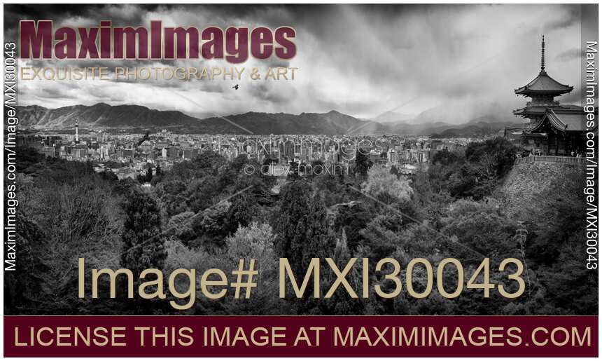 Dramatic black and white panorama of Kyoto city in autumn scenery and Kiyomizu-dera Sanjunoto pagoda