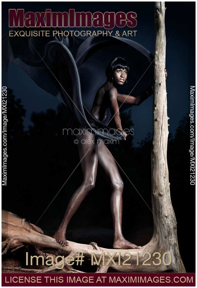 Dramatic fine art portrait of a beautiful black exotic african woman standing on a dead tree in the night