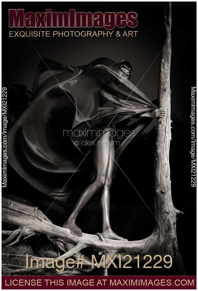 Dramatic fine art portrait of a beautiful black woman in flying black dress standing on dead tree roots at night