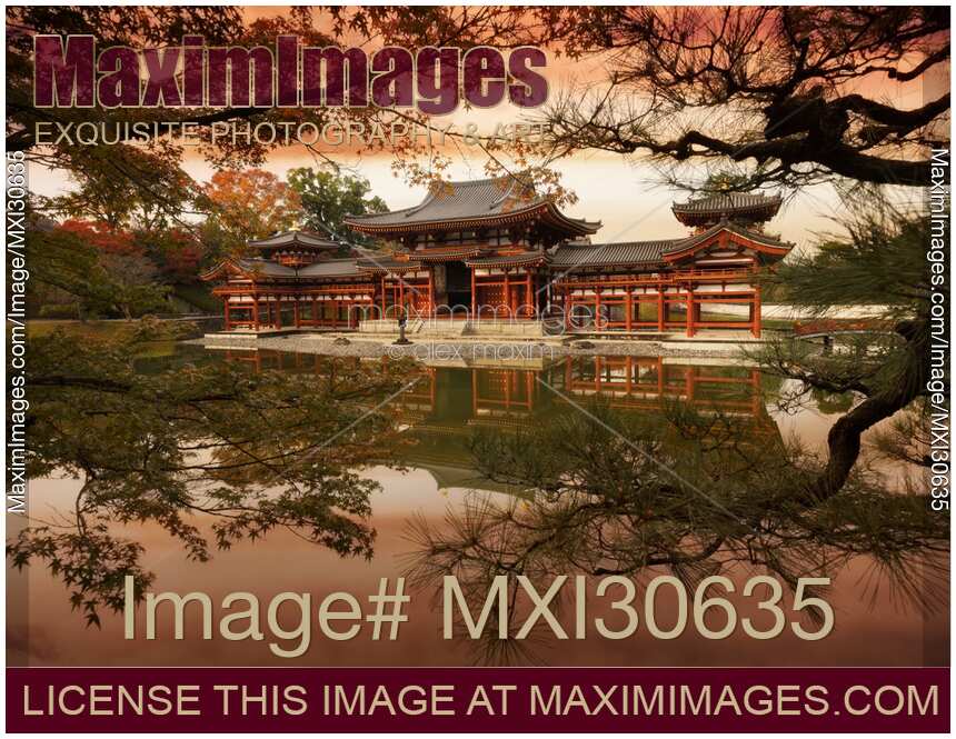 Dramatic sunset scenery of the Phoenix Hall Hoo-do of Byodoin Buddhist temple amidst Jodoshiki teien garden pond