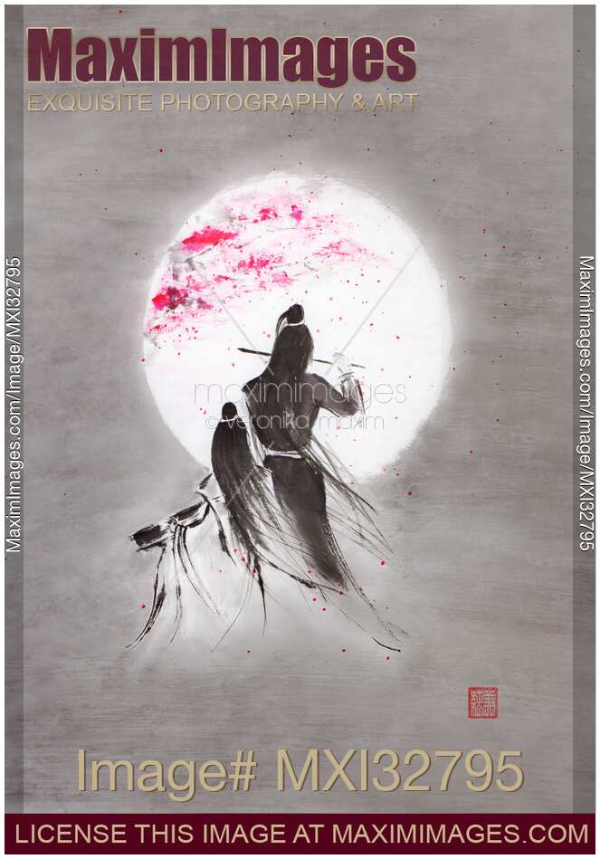 Dreamy Zen painting of asian couple playing music together at night in full moon under sakura tree blossom