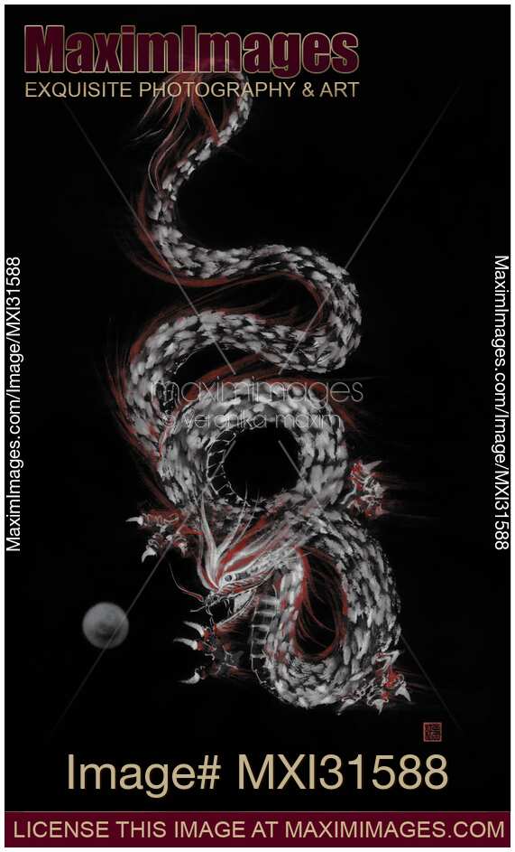 Eastern fire dragon dancing with the pearl sumi-e artwork on black