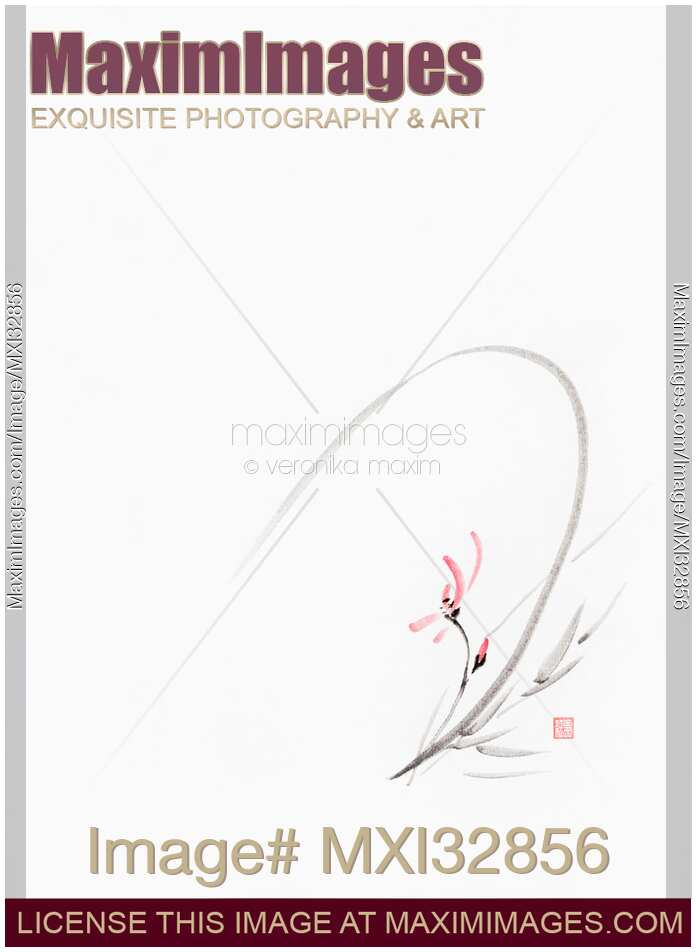 Elegant oriental Zen painting of a pink orchid flower in dynamic composition